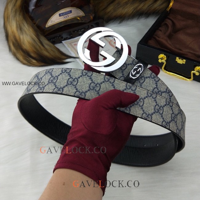 Gucci Leather Belt Grey Monogram Double G Gold Buckle